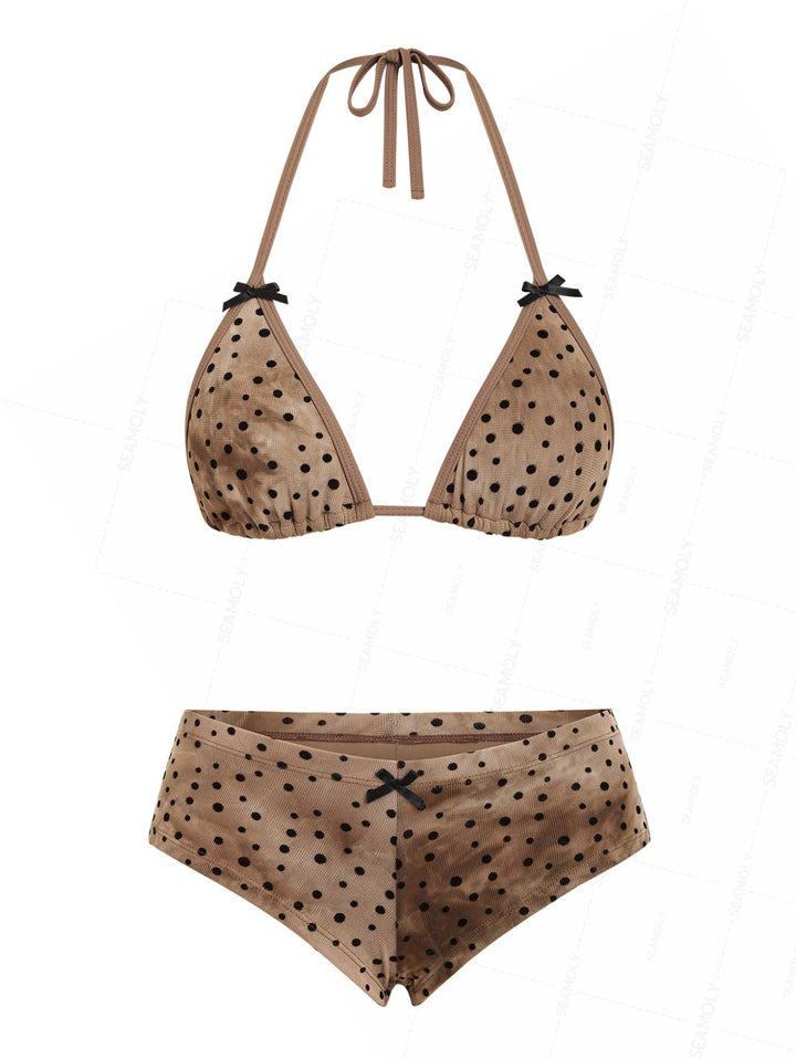 Seamolly Polka Dot Bowknot Binding Triangle Cheeky Boyshorts Bikini Set