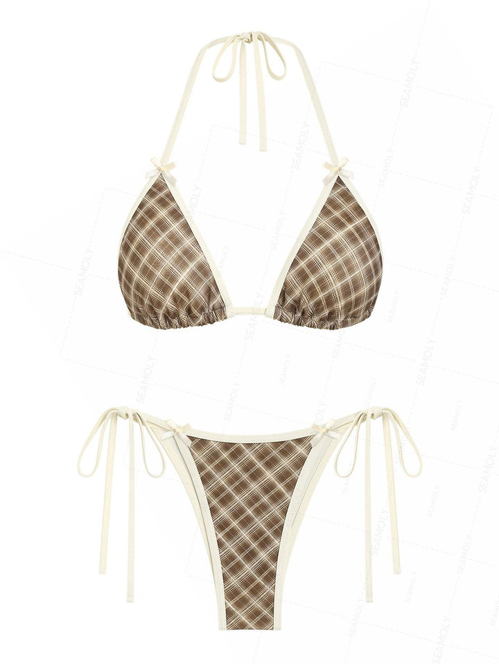 Seamolly 3 Piece Plaid Contrast Binding Triangle String Cheeky Boyshort Bikini Set