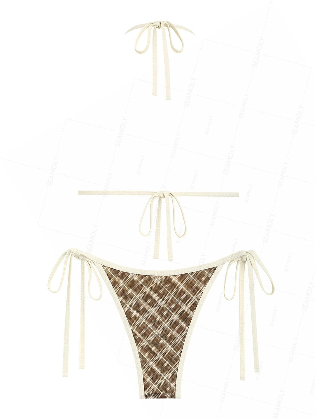 Seamolly 3 Piece Plaid Contrast Binding Triangle String Cheeky Boyshort Bikini Set