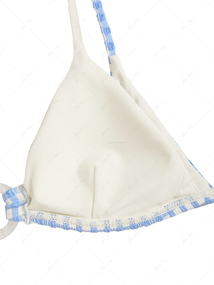 Light Blue Bubble Grid Textured O Ring Double Layer Top & Cheeky Boyshorts Bikini Set
