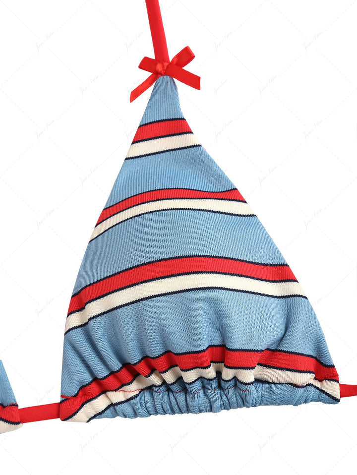 Blue Striped Bowknot Halter Triangle Cheeky Boyshorts Bikini Set