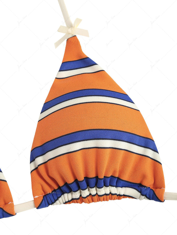 Orange Striped Bowknot Halter Triangle Cheeky Boyshorts Bikini Set