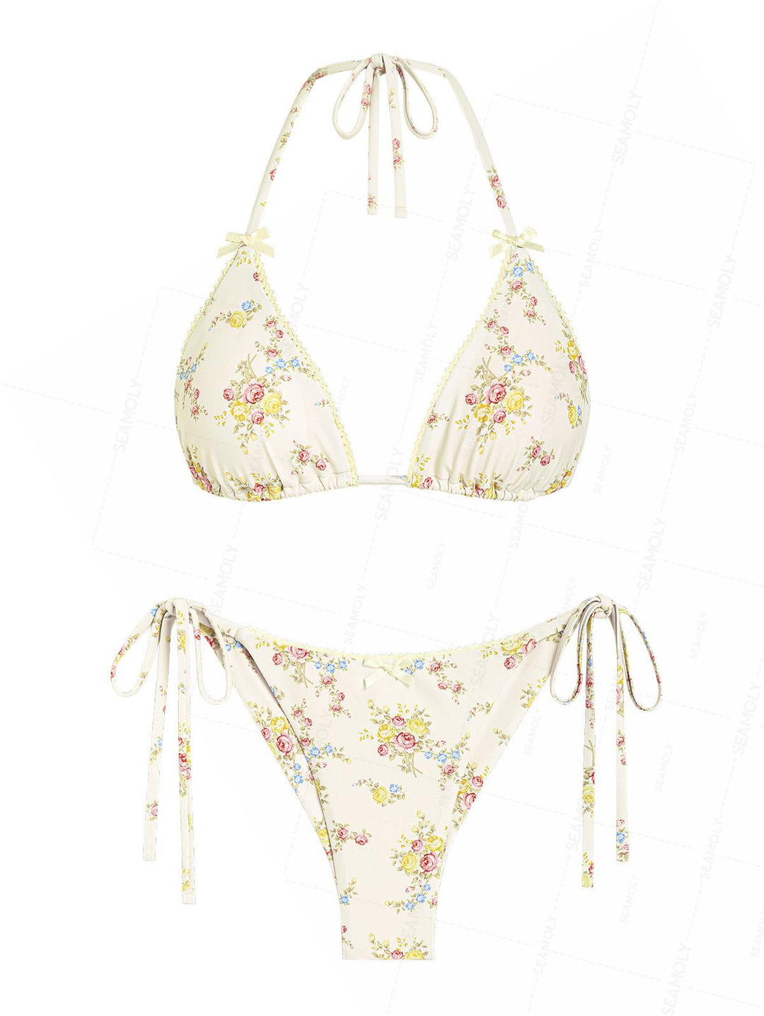 Seamolly Floral Print Lace Bowknot Triangle Top & Cheeky Brazilian Bottom Bikini Set