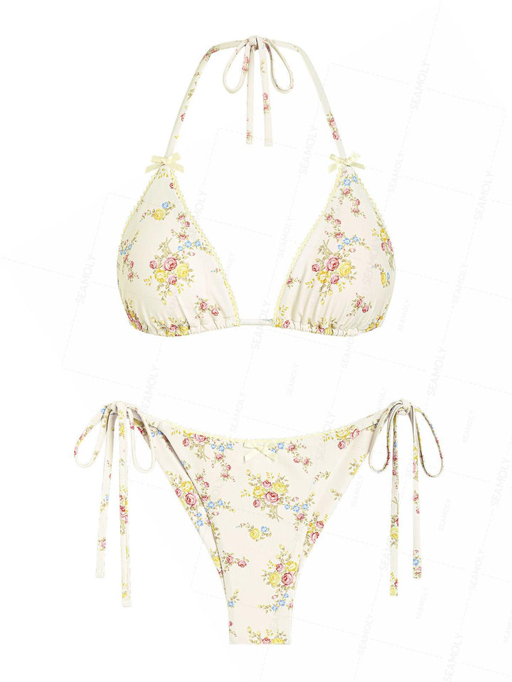 Seamolly Floral Print Lace Bowknot Triangle Top & Cheeky Brazilian Bottom Bikini Set
