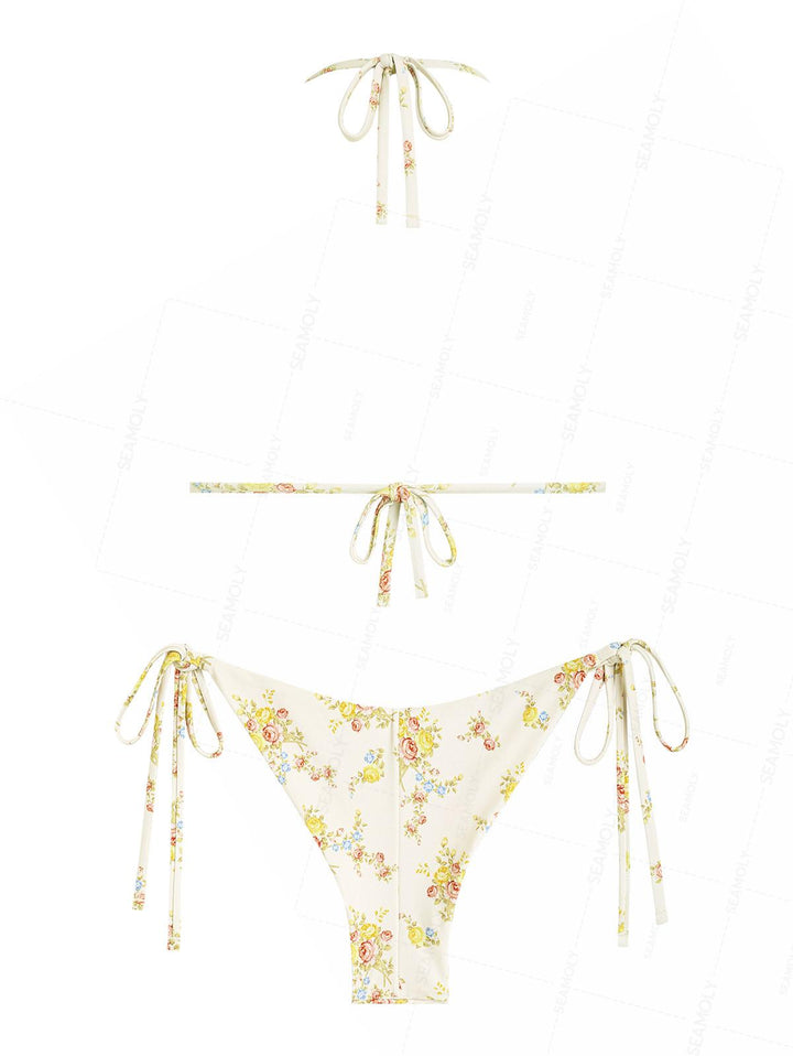 Seamolly Floral Print Lace Bowknot Triangle Top & Cheeky Brazilian Bottom Bikini Set