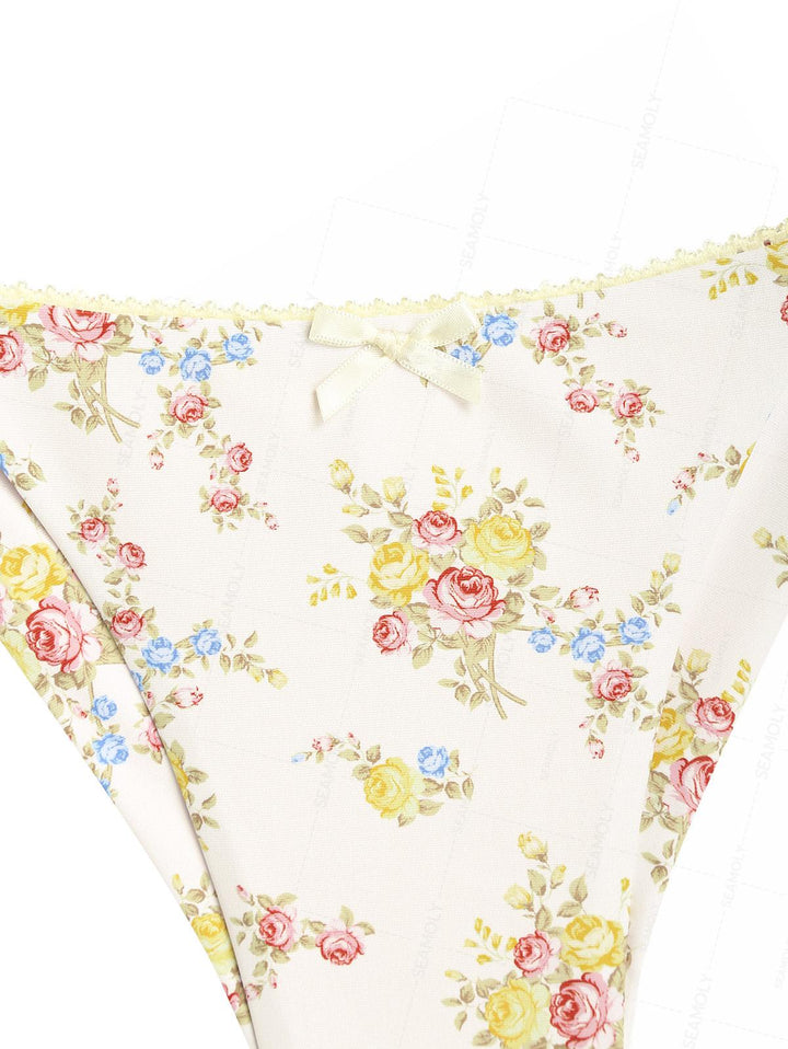 Seamolly Floral Print Lace Bowknot Triangle Top & Cheeky Brazilian Bottom Bikini Set