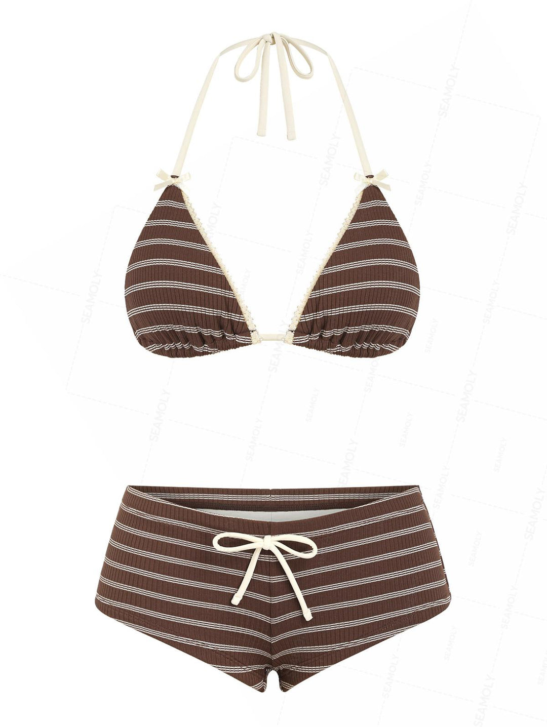 Seamolly Ribbed Striped Lace Bowknot Triangle Cheeky Boyshorts Bikini Set