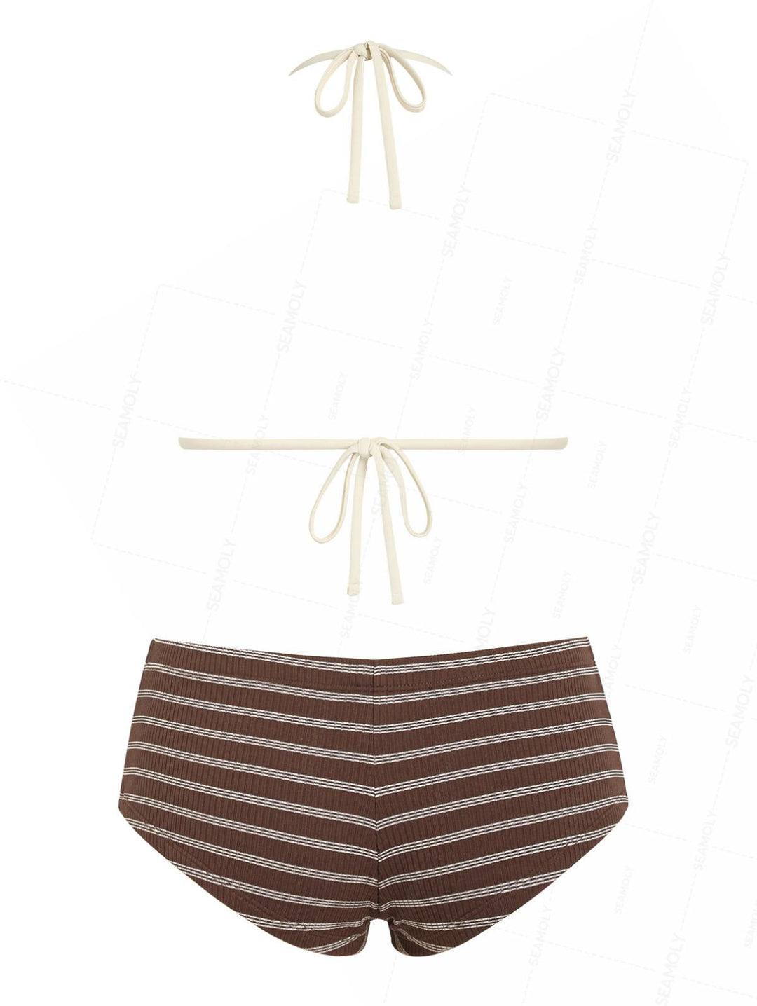 Seamolly Ribbed Striped Lace Bowknot Triangle Cheeky Boyshorts Bikini Set