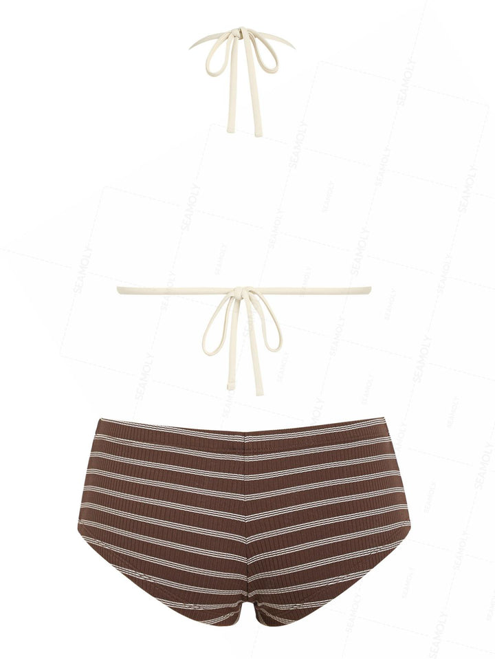 Seamolly Ribbed Striped Lace Bowknot Triangle Cheeky Boyshorts Bikini Set