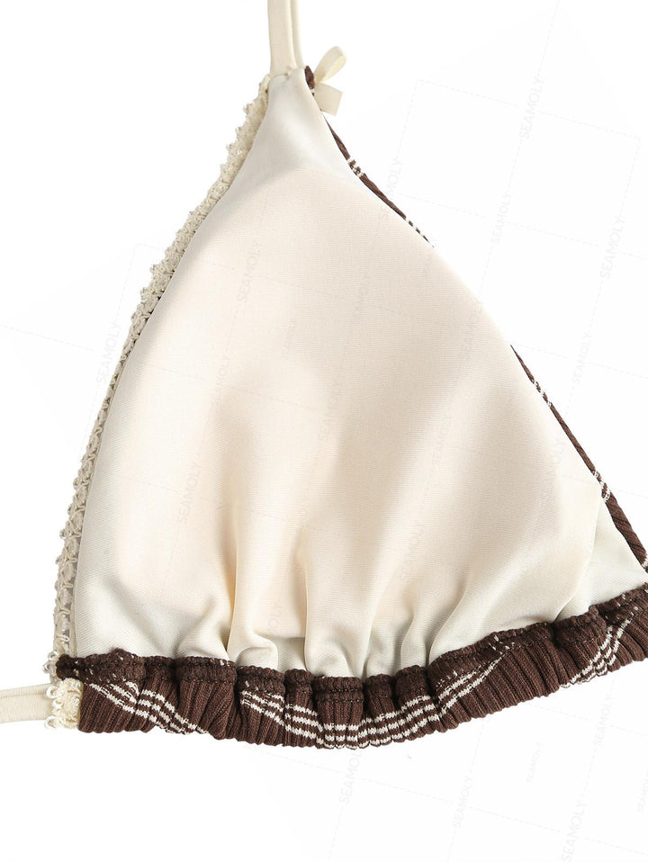 Seamolly Ribbed Striped Lace Bowknot Triangle Cheeky Boyshorts Bikini Set