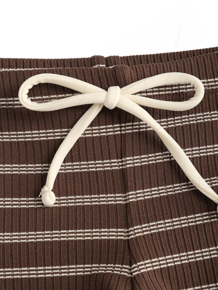 Seamolly Ribbed Striped Lace Bowknot Triangle Cheeky Boyshorts Bikini Set