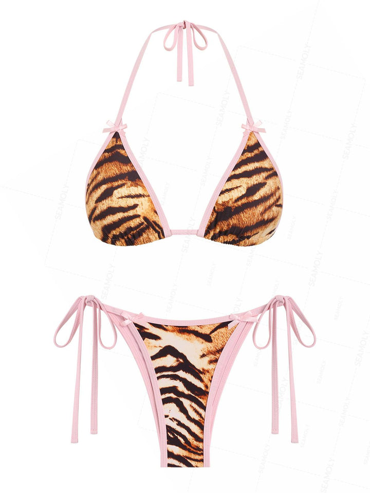 Seamolly Animal Tiger Print Bowknot Contrast Binding String Bikini Set