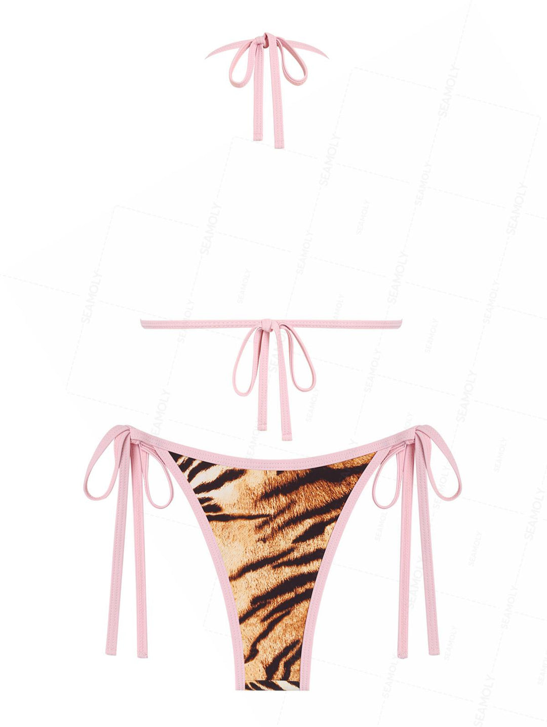 Seamolly Animal Tiger Print Bowknot Contrast Binding String Bikini Set