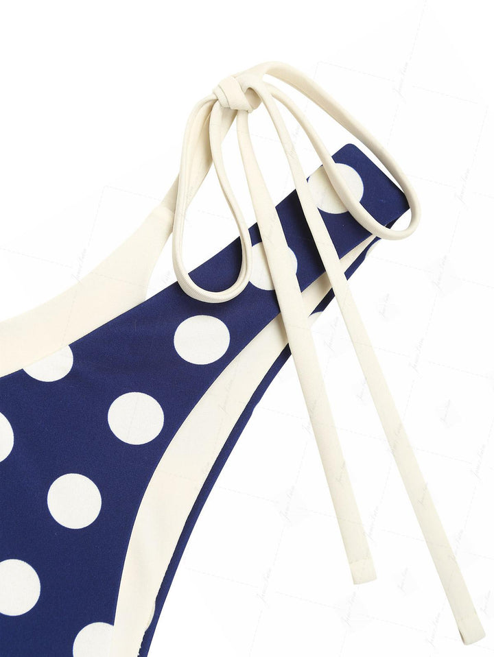 Deep Blue Polka Dot Print O Ring Double Layer Bikini Set