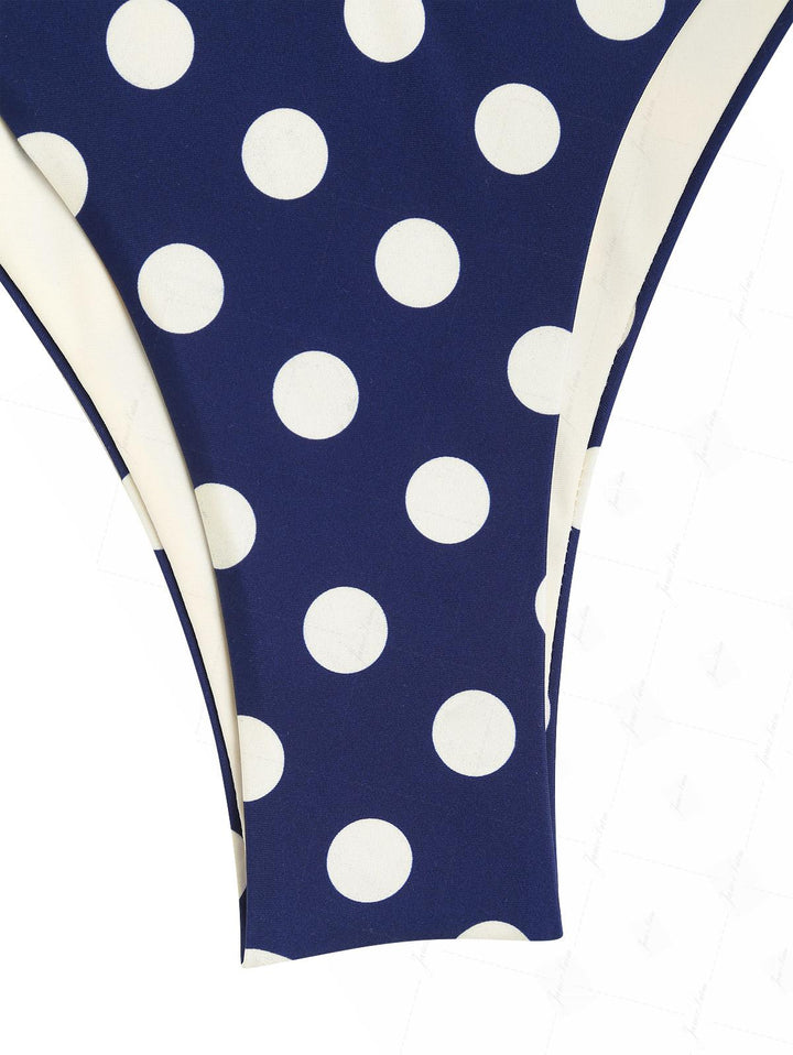 Deep Blue Polka Dot Print O Ring Double Layer Bikini Set