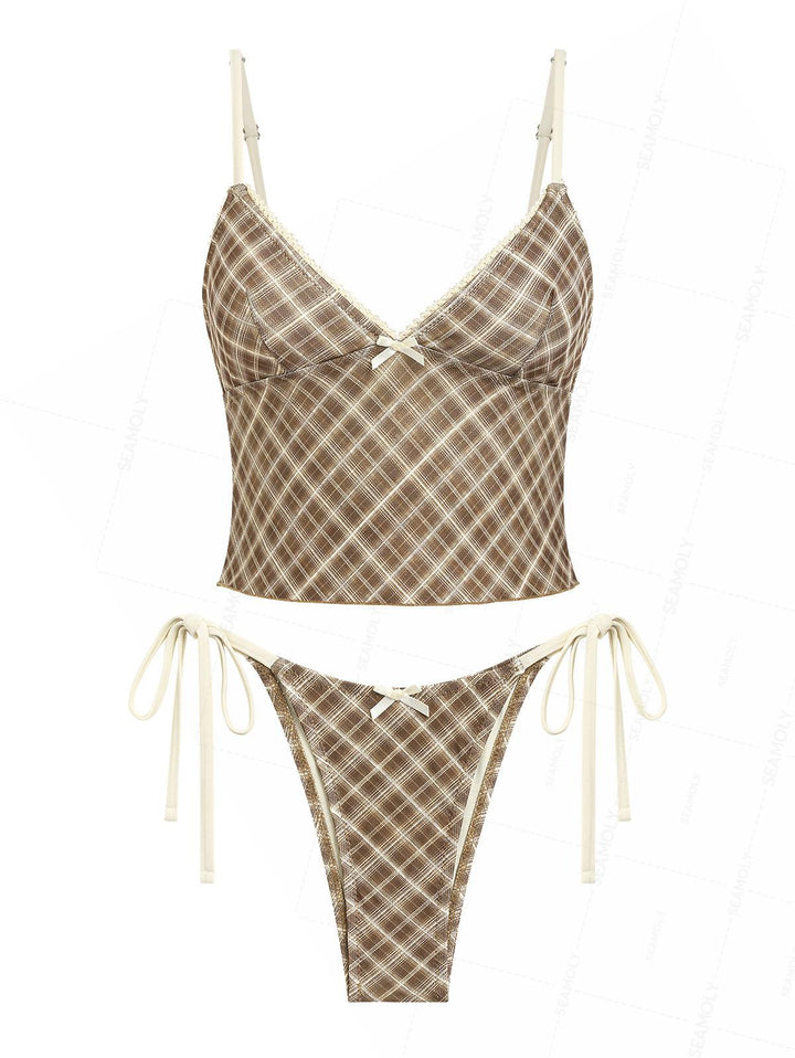 Seamolly Plaid Lace Bowknot Deep V Neck String Tankini Set