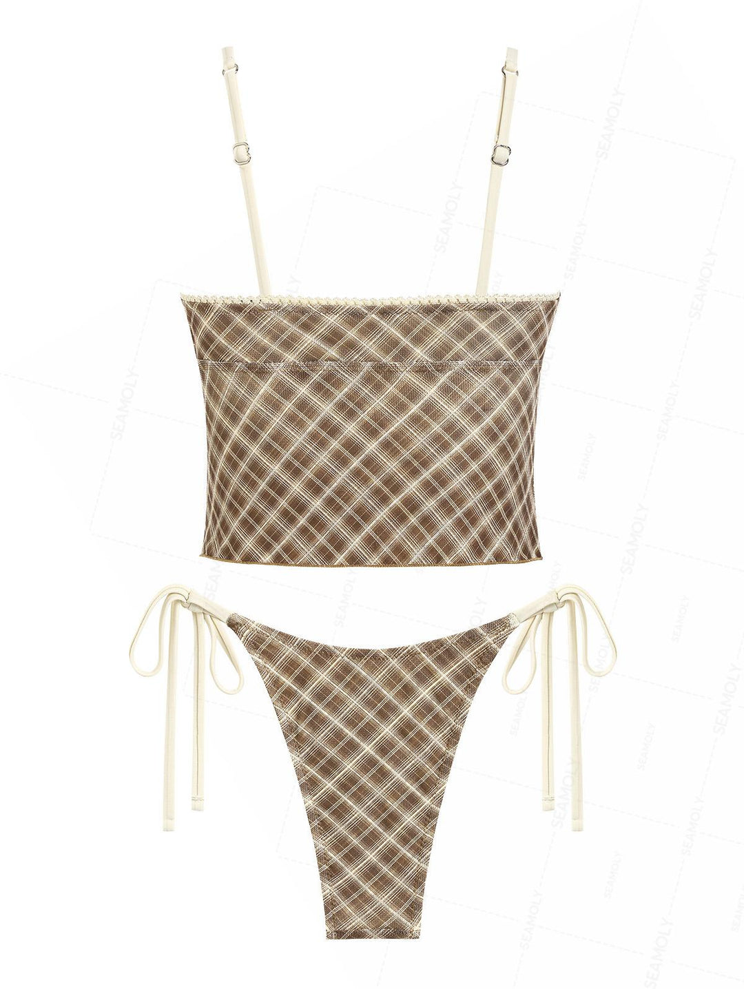 Seamolly Plaid Lace Bowknot Deep V Neck String Tankini Set