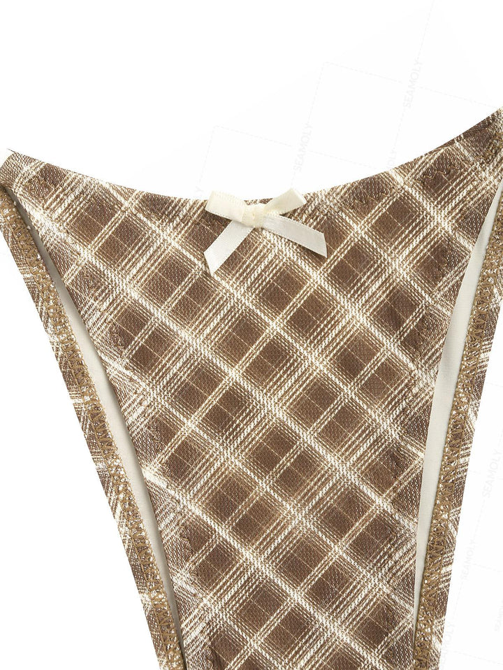Seamolly Plaid Lace Bowknot Deep V Neck String Tankini Set