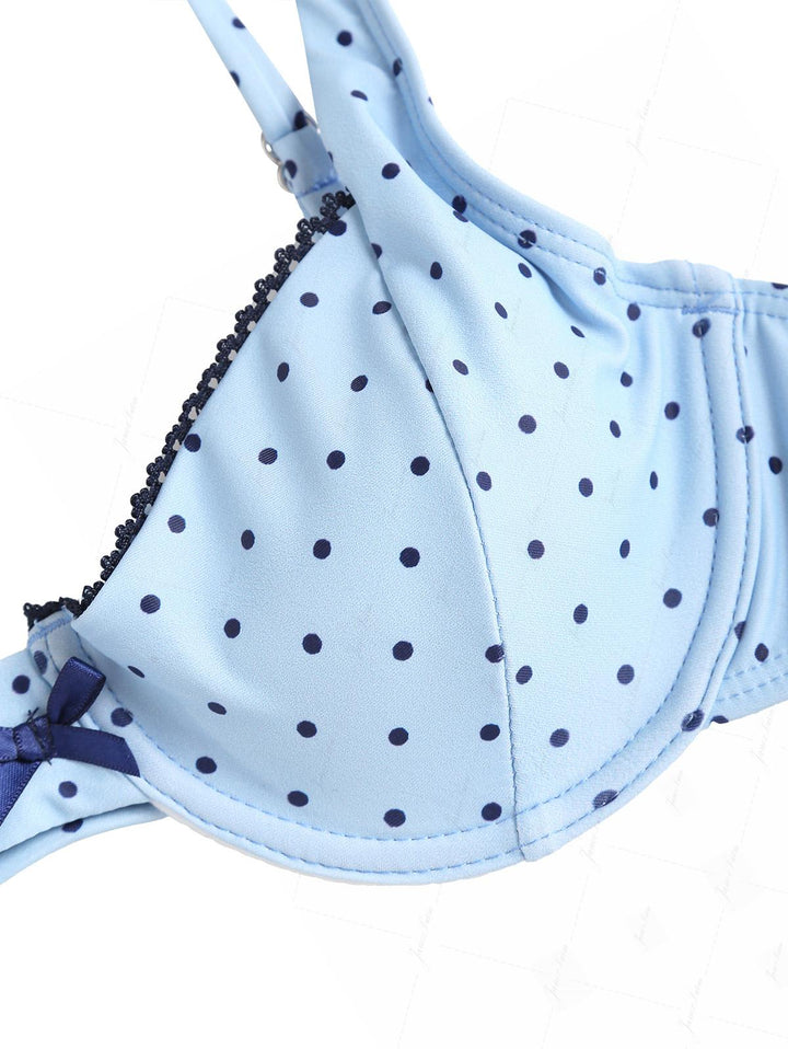 Light Blue Polka Dot Lace Bowknot Underwire Bikini Set