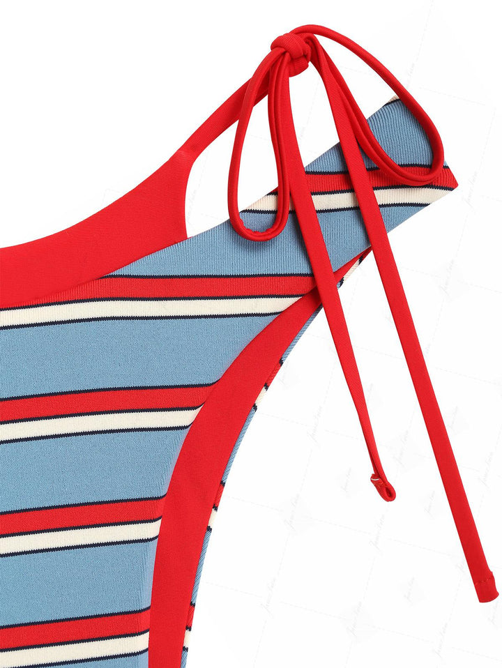 Blue Striped Contrast Color O Ring Double Layer Bikini Set