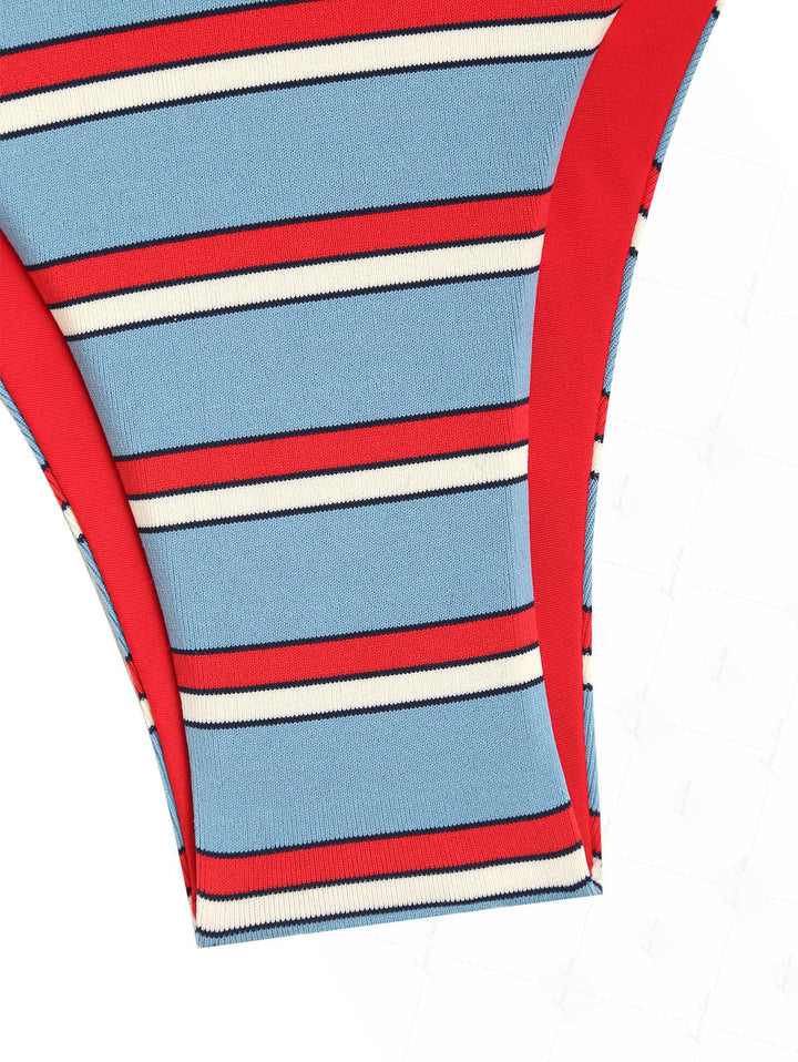 Blue Striped Contrast Color O Ring Double Layer Bikini Set