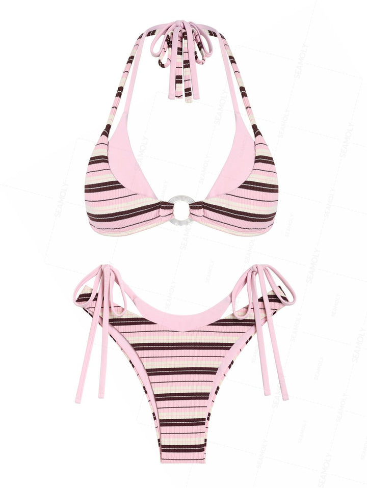 Seamolly Contrast Color Striped O Ring Double Layer Bikini Set