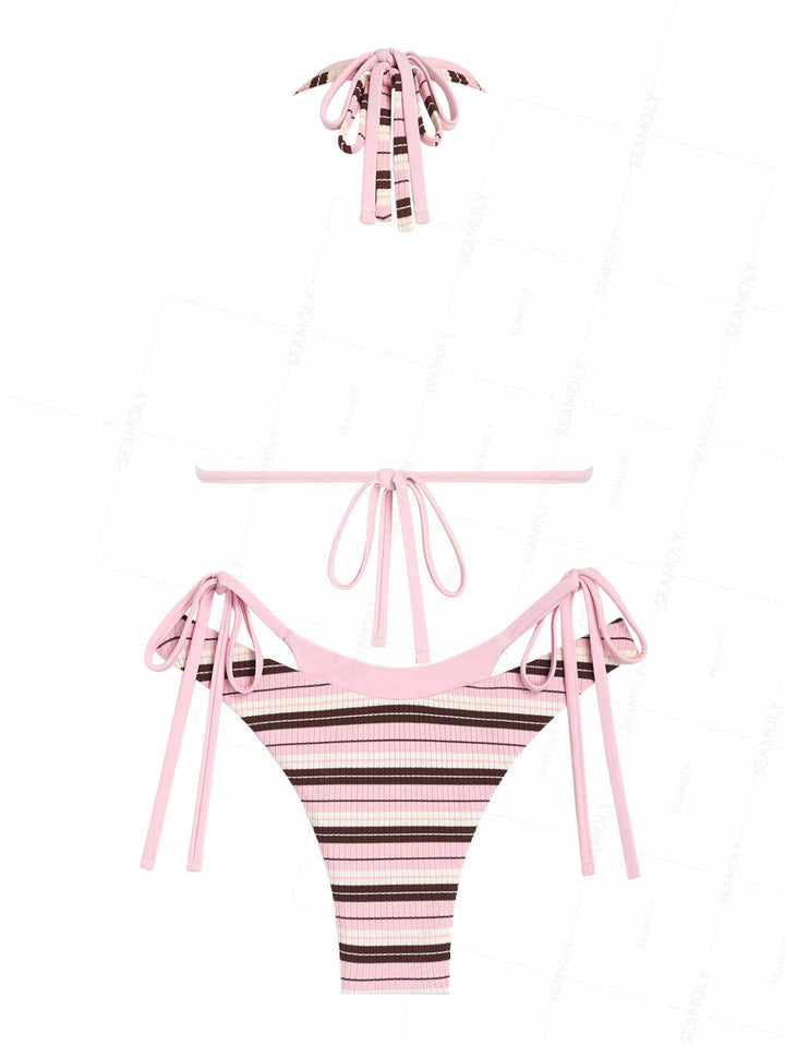 Seamolly Contrast Color Striped O Ring Double Layer Bikini Set