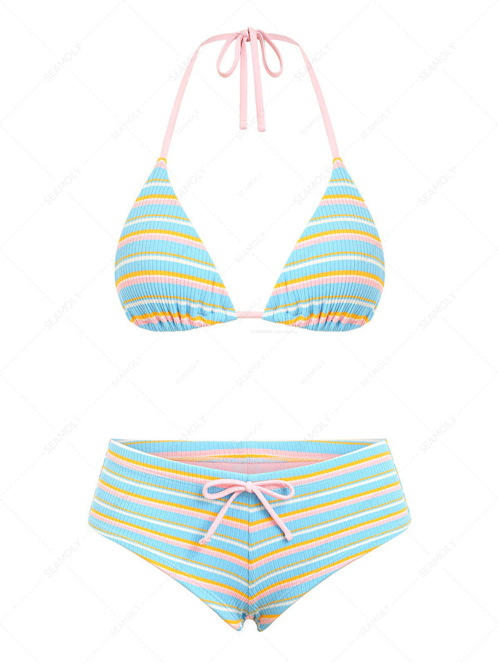Seamolly Ribbed Striped Triangle Cheeky Boyshorts Bikini Set