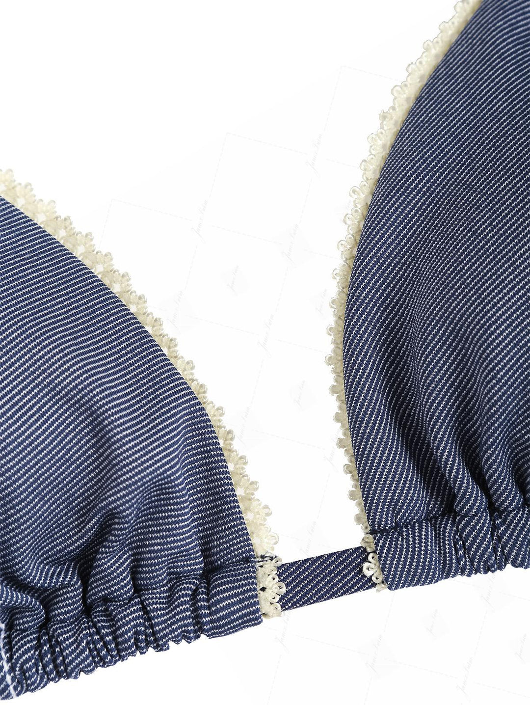 Deep Blue Denim Lace Bowknot Halter Triangle Bikini Set