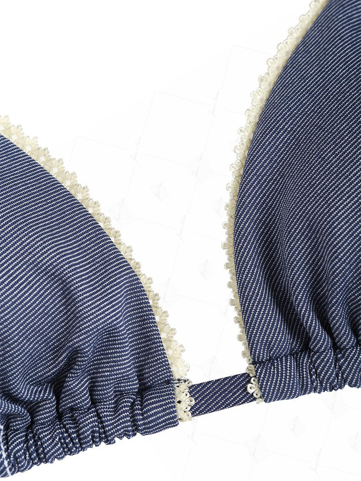 Deep Blue Denim Lace Bowknot Halter Triangle Bikini Set