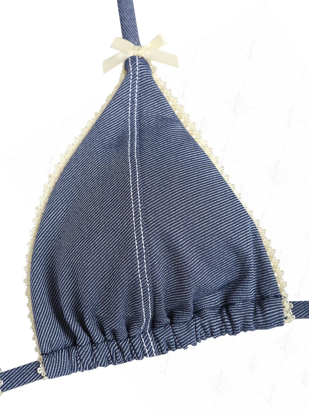 Deep Blue Denim Lace Bowknot Halter Triangle Cheeky Boyshorts Bikini Set