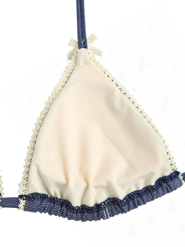 Deep Blue Denim Lace Bowknot Halter Triangle Bikini Set