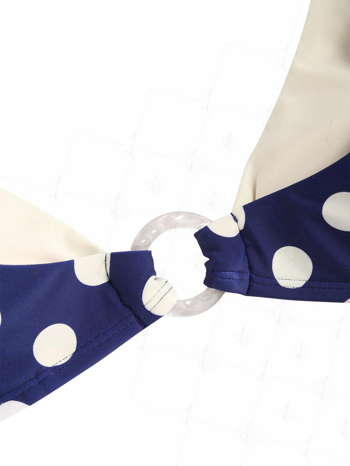 Deep Blue Polka Dot Print O Ring Double Layer Bikini Set