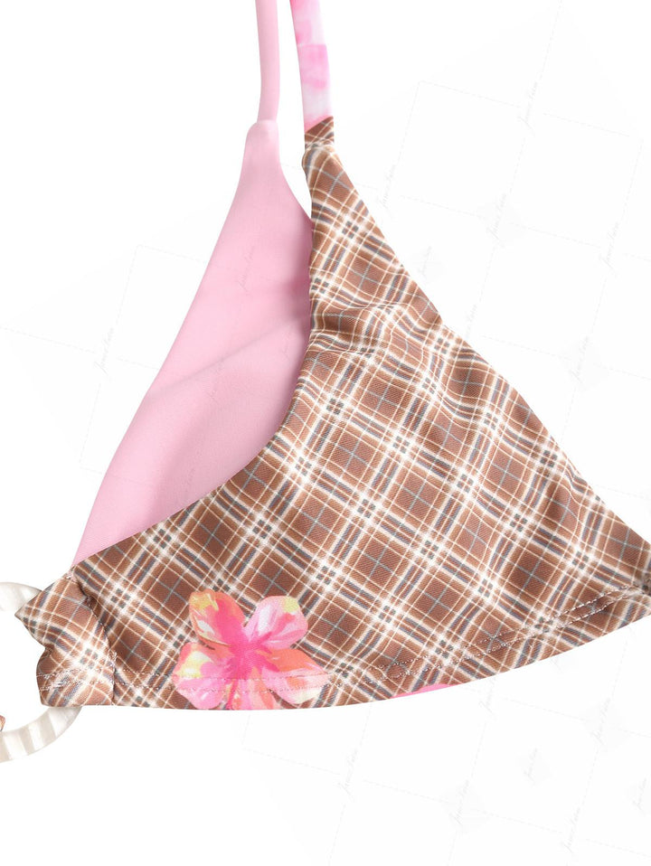 Coffee Plaid Floral Hibiscus Print O Ring Double Layer Bikini Set