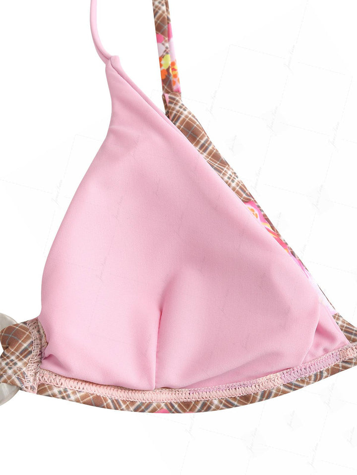 Coffee Plaid Floral Hibiscus Print O Ring Double Layer Top & Cheeky Boyshorts Bikini Set