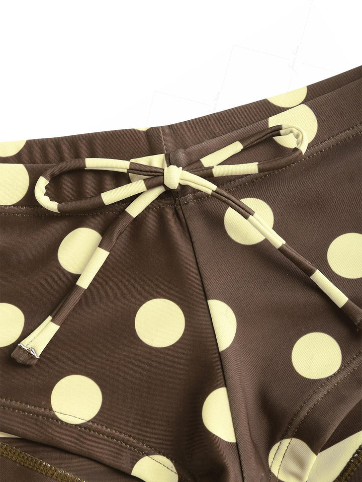 Coffee Striped Polka Dot Halter Tied Back Reversible Top & Cheeky Boyshorts Tankini Set