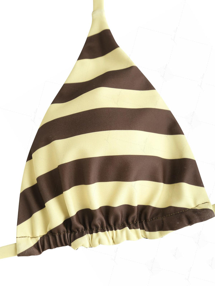 Coffee Striped Polka Dot Halter Triangle Top & Cheeky Brazilian Bottom Reversible Bikini Set