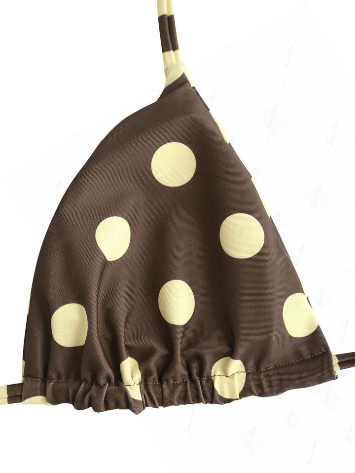 Coffee Striped Polka Dot Halter Triangle Top & Cheeky Brazilian Bottom Reversible Bikini Set