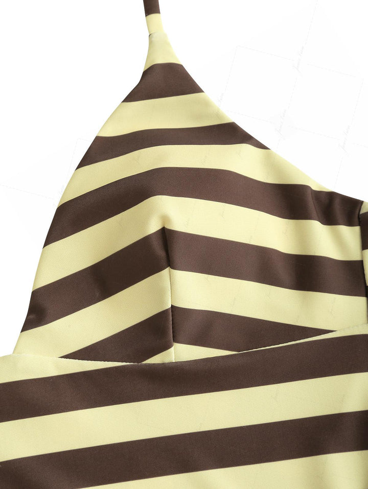 Coffee Striped Polka Dot Halter Tied Top & Cheeky Brazilian Bottom Reversible Tankini Set