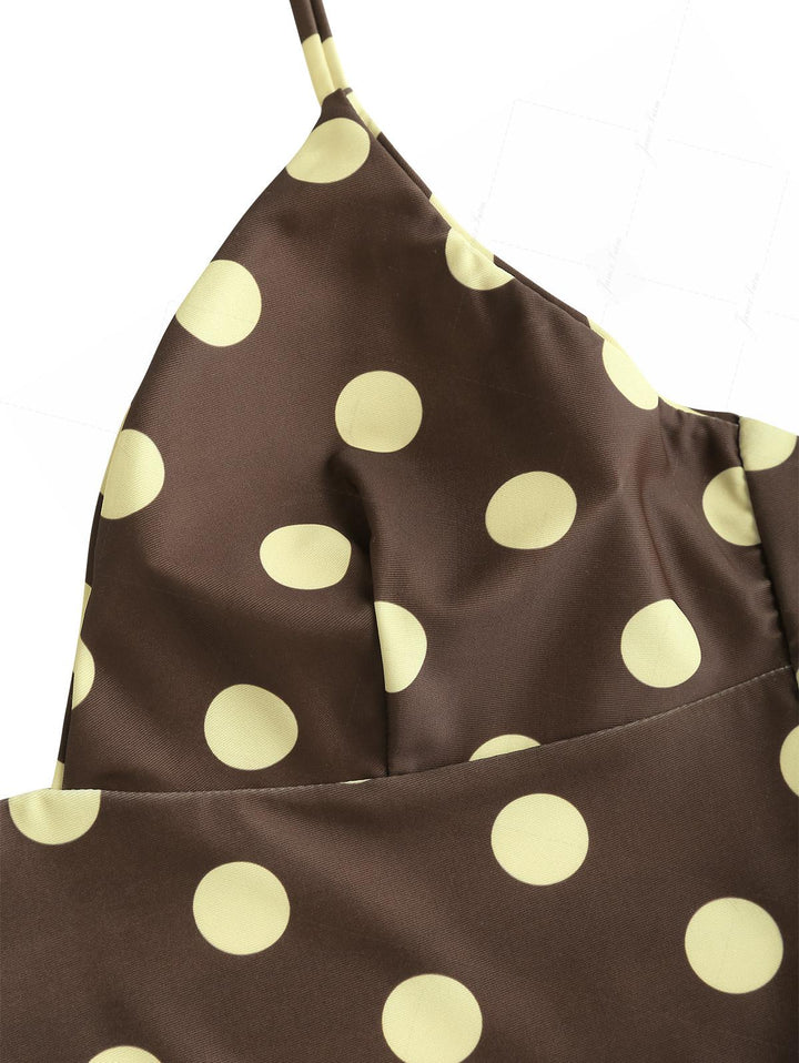 Coffee Striped Polka Dot Halter Tied Top & Cheeky Brazilian Bottom Reversible Tankini Set