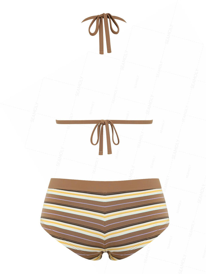 Seamolly Knit Striped Contrast Binding Cheeky Boyshorts Bikini Set