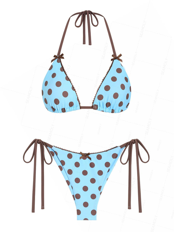 Seamolly Polka Dot Lace Bowknot Triangle Top & Cheeky Brazilian Bottom Bikini Set