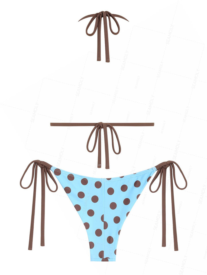 Seamolly Polka Dot Lace Bowknot Triangle Top & Cheeky Brazilian Bottom Bikini Set