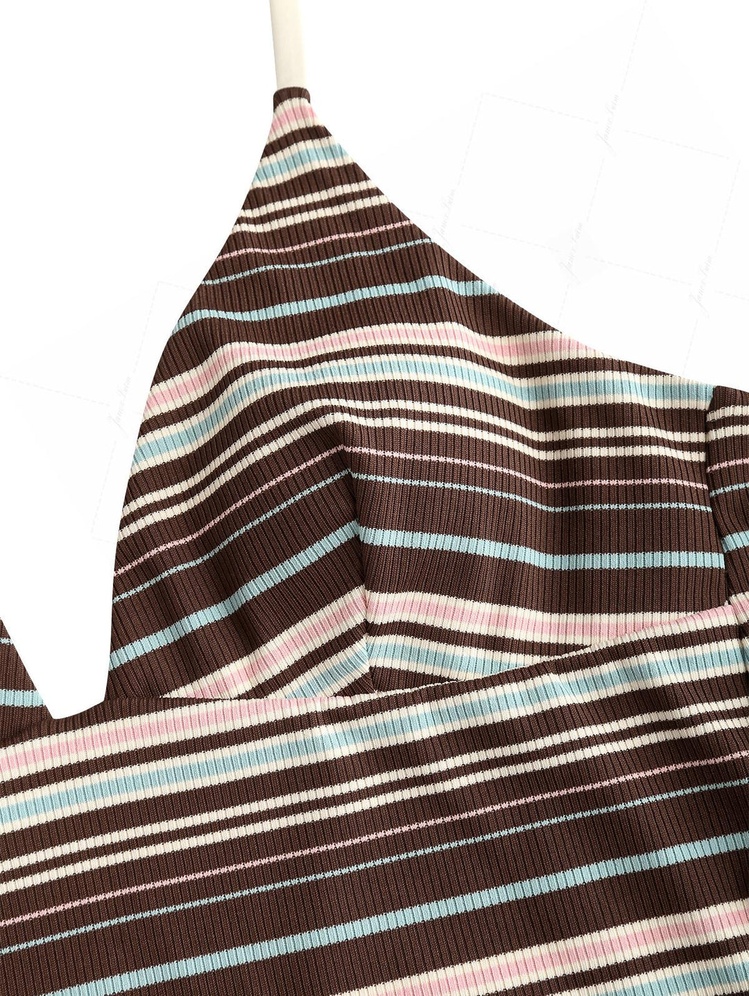 Deep Coffee Ribbed Striped Halter Tied Back Top & Cheeky Brazilian Bottom Tankini Set