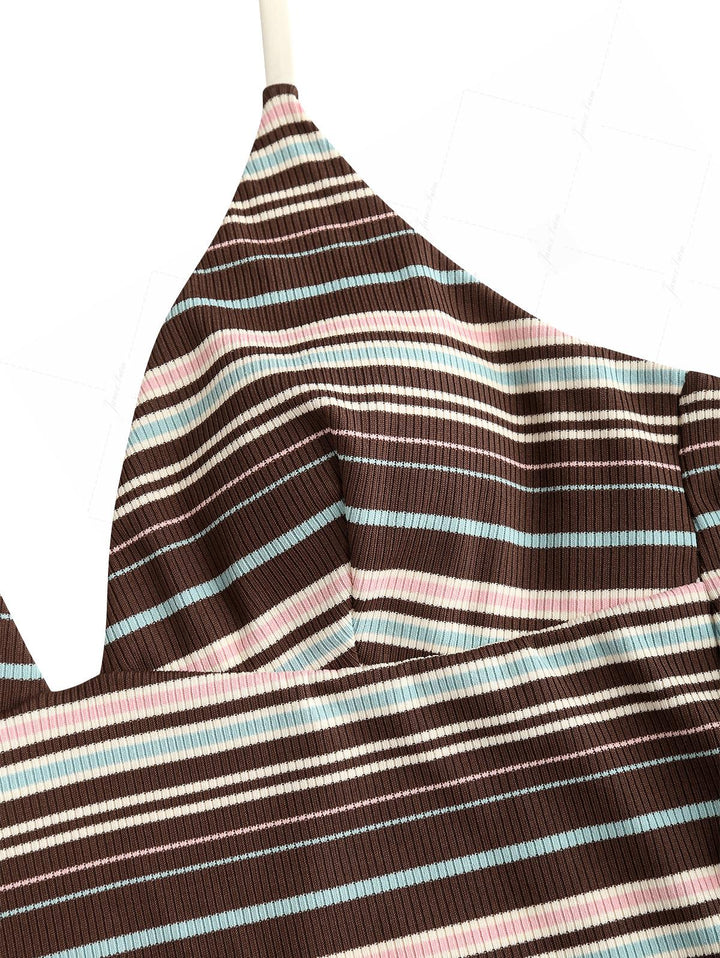 Deep Coffee Ribbed Striped Halter Tied Back Top & Cheeky Brazilian Bottom Tankini Set