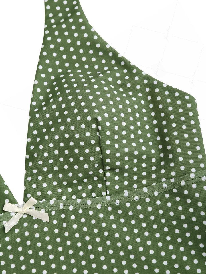 Plant Green Polka Dot Bowknot Deep V Halter Top & Cheeky Brazilian Bottom Tankini Set