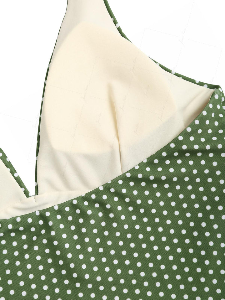 Plant Green Polka Dot Bowknot Deep V Halter Top & Cheeky Brazilian Bottom Tankini Set