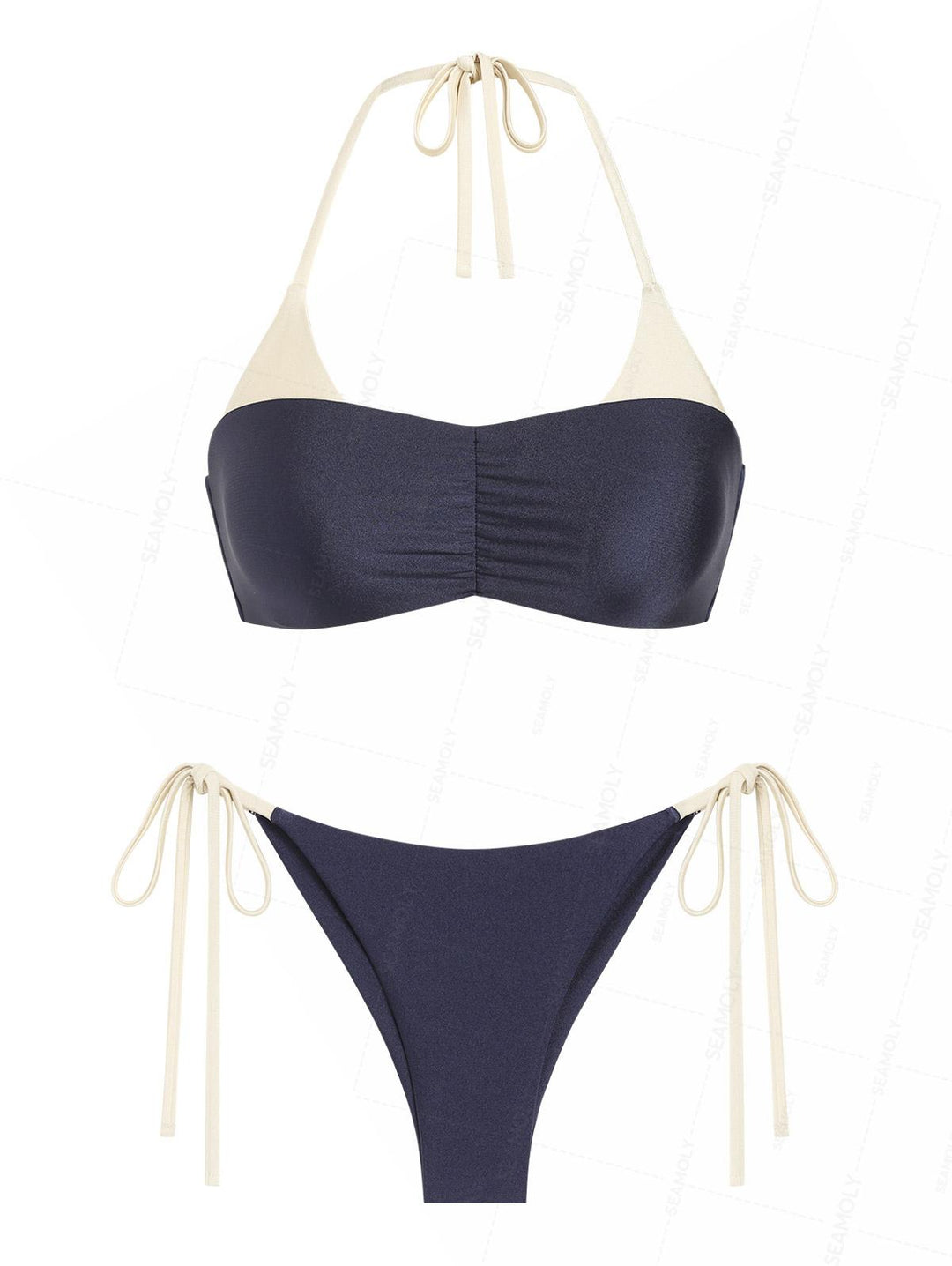 Seamolly Color Spliced Ruched Halter Top & Cheeky Brazilian Bottom Bikini Set