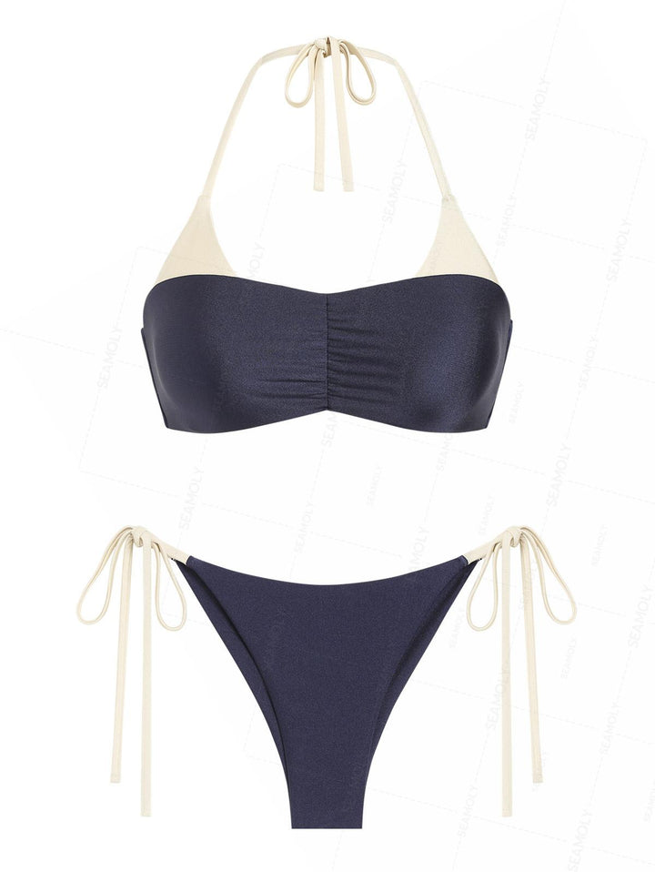 Seamolly Color Spliced Ruched Halter Top & Cheeky Brazilian Bottom Bikini Set