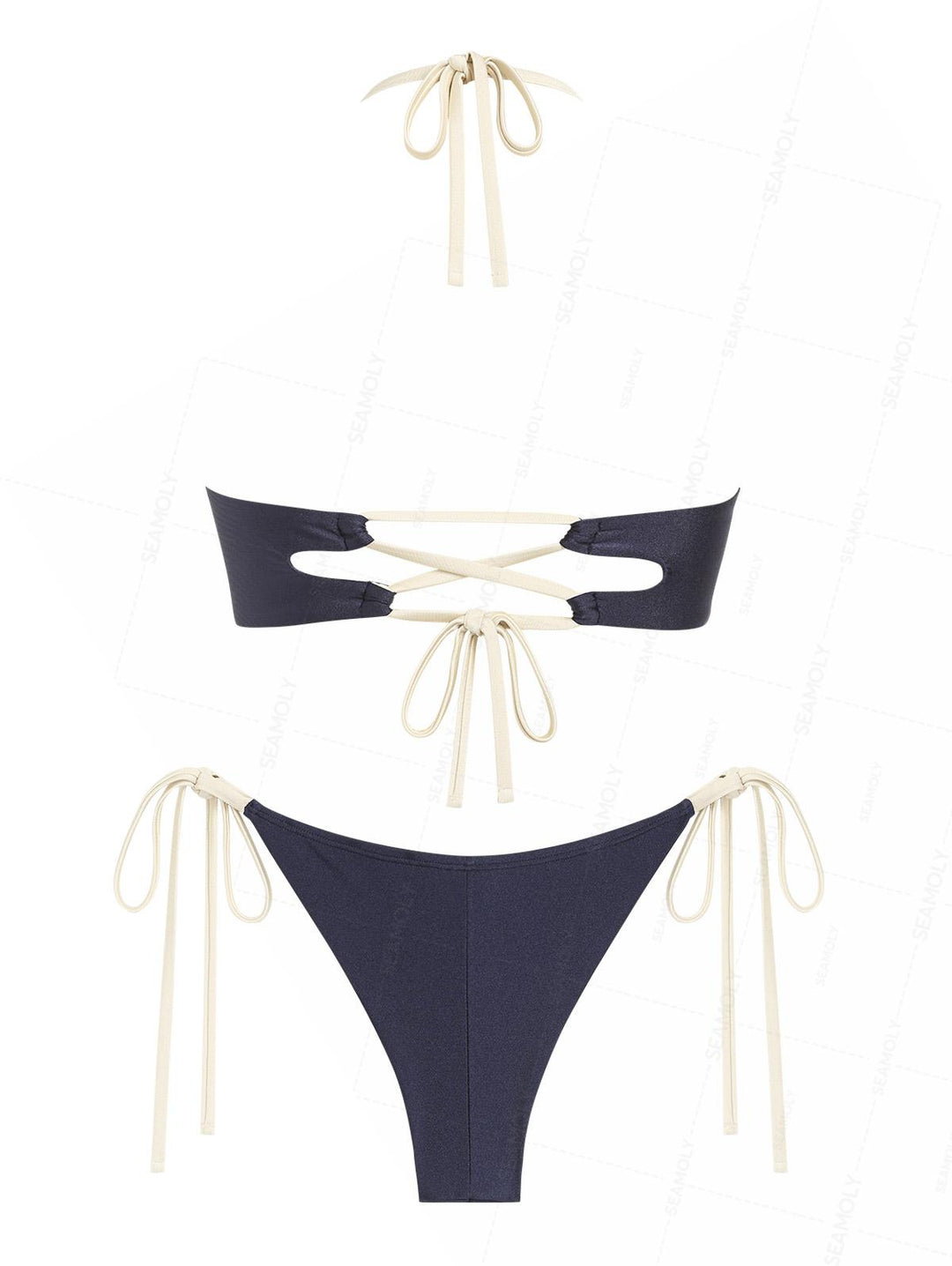 Seamolly Color Spliced Ruched Halter Top & Cheeky Brazilian Bottom Bikini Set